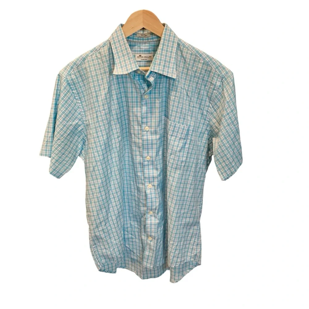 Peter Millar men’s Crown Ease blue plaid button up shirt sleeve shirt, large - Picture 1 of 7